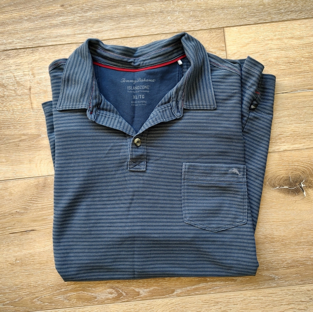 Tommy Bahama IslandZone Pima Cotton Pocket Polo Blue Gray Stripe XL